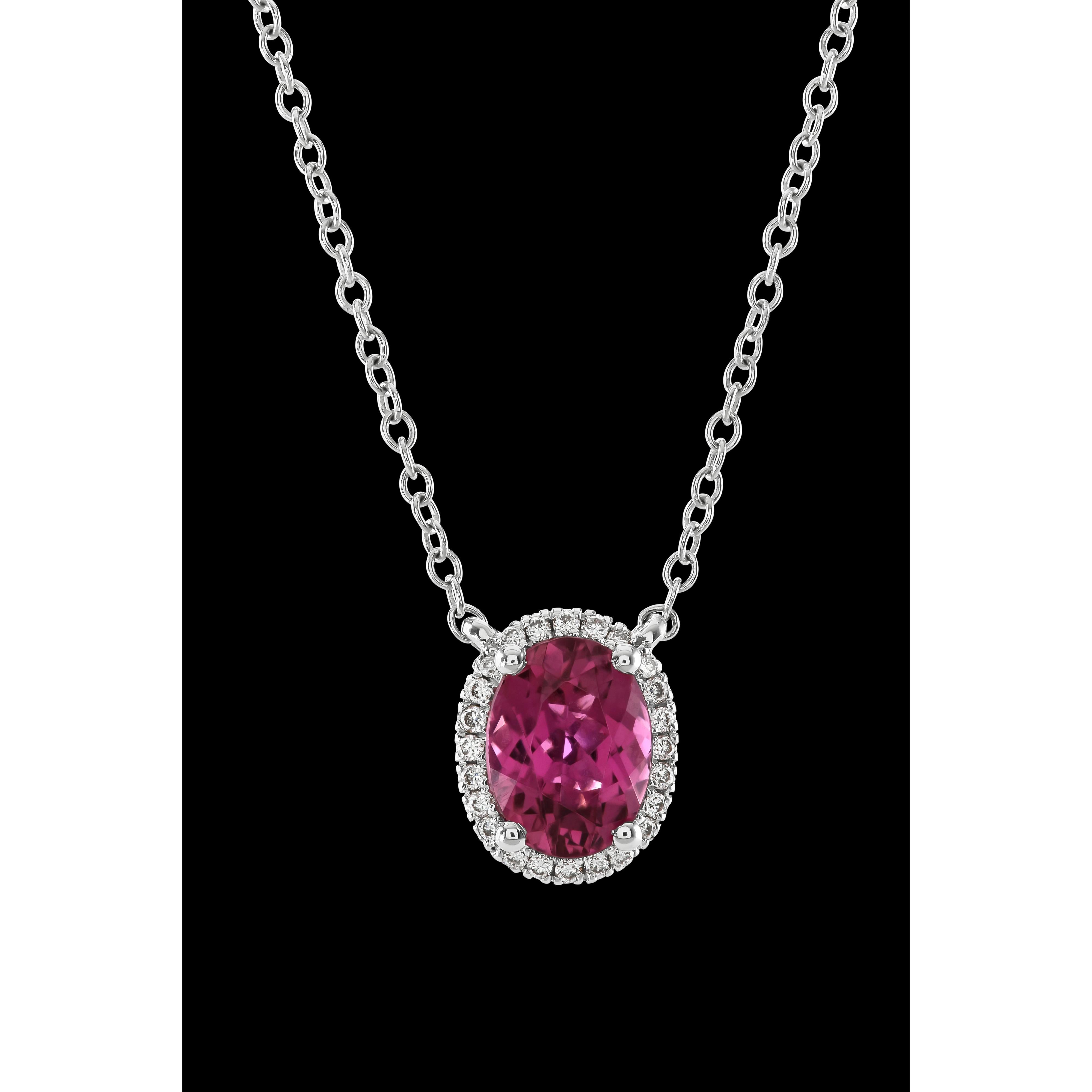18ct White Gold Oval Cut Rubellite & Diamond Halo Cluster Pendant