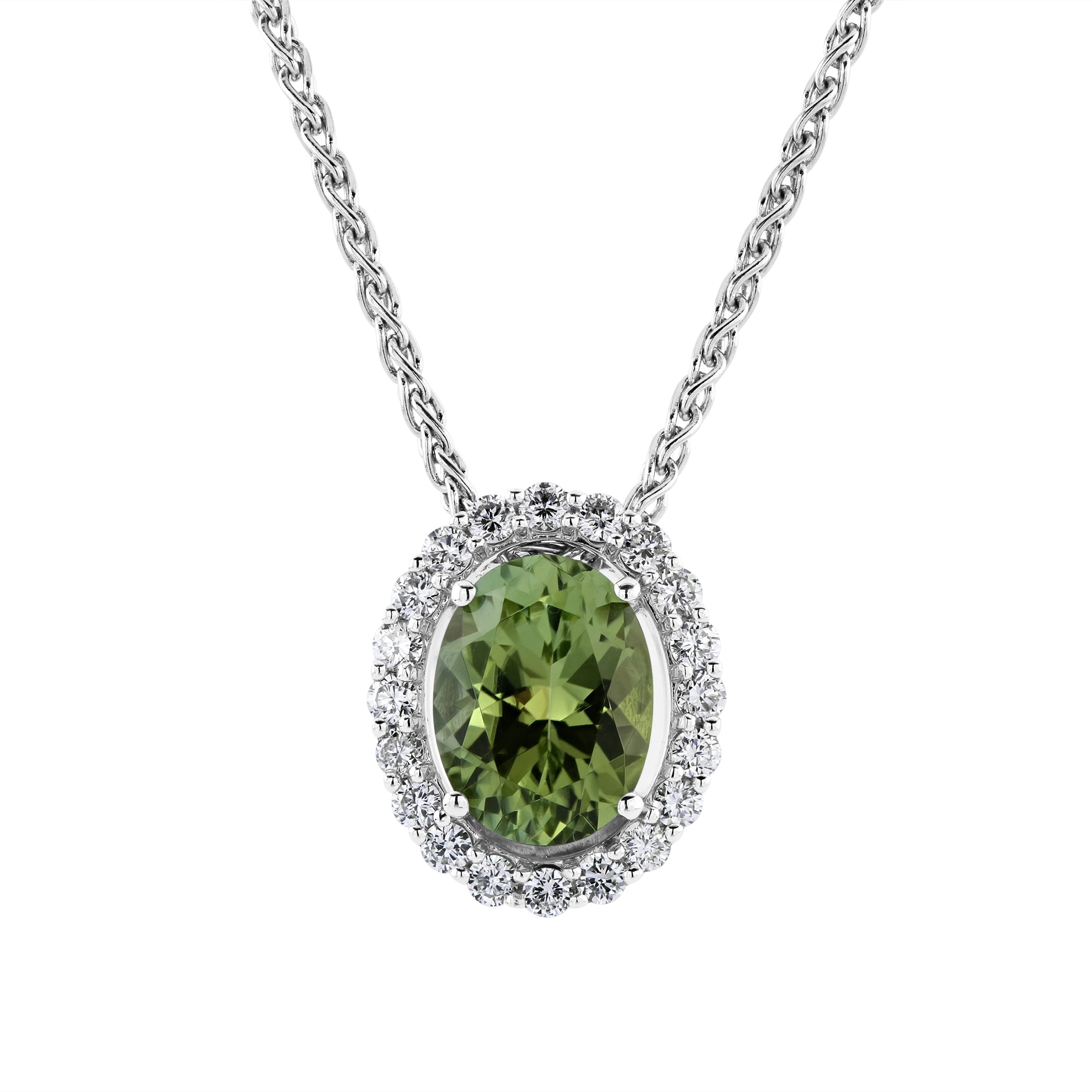 18ct White Gold Oval Cut Mint Tourmaline & Diamond Halo Cluster Pendant & Chain
