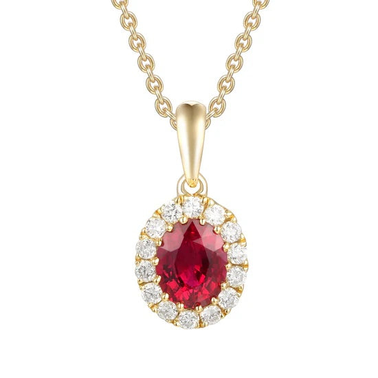 18ct Yellow Gold Oval Ruby and Diamond Cluster pendant and chain