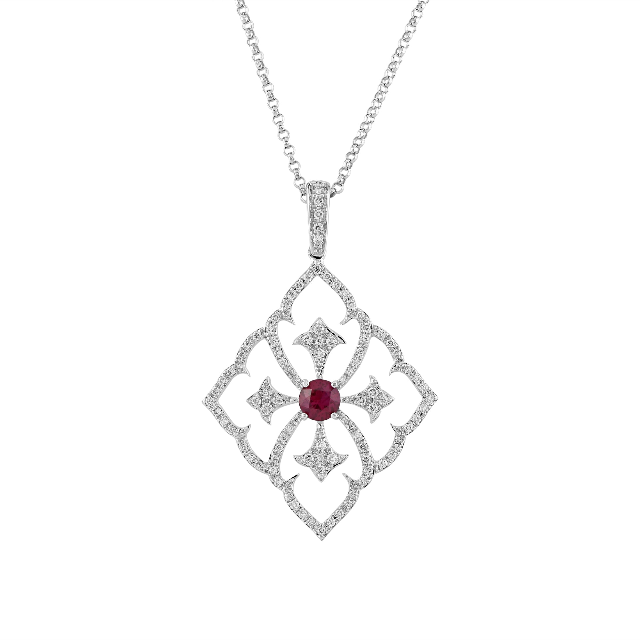 18ct White Gold Round Cut Ruby & Diamond Openwork Pendant & Chain