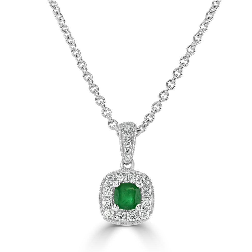 18ct White Gold Round Cut Emerald & Diamond Cushion Shaped Cluster Pendant