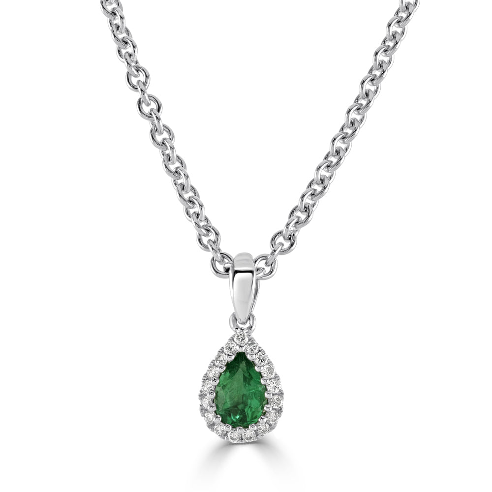 18ct White Gold Pear Cut Emerald & Diamond Halo Cluster Pendant