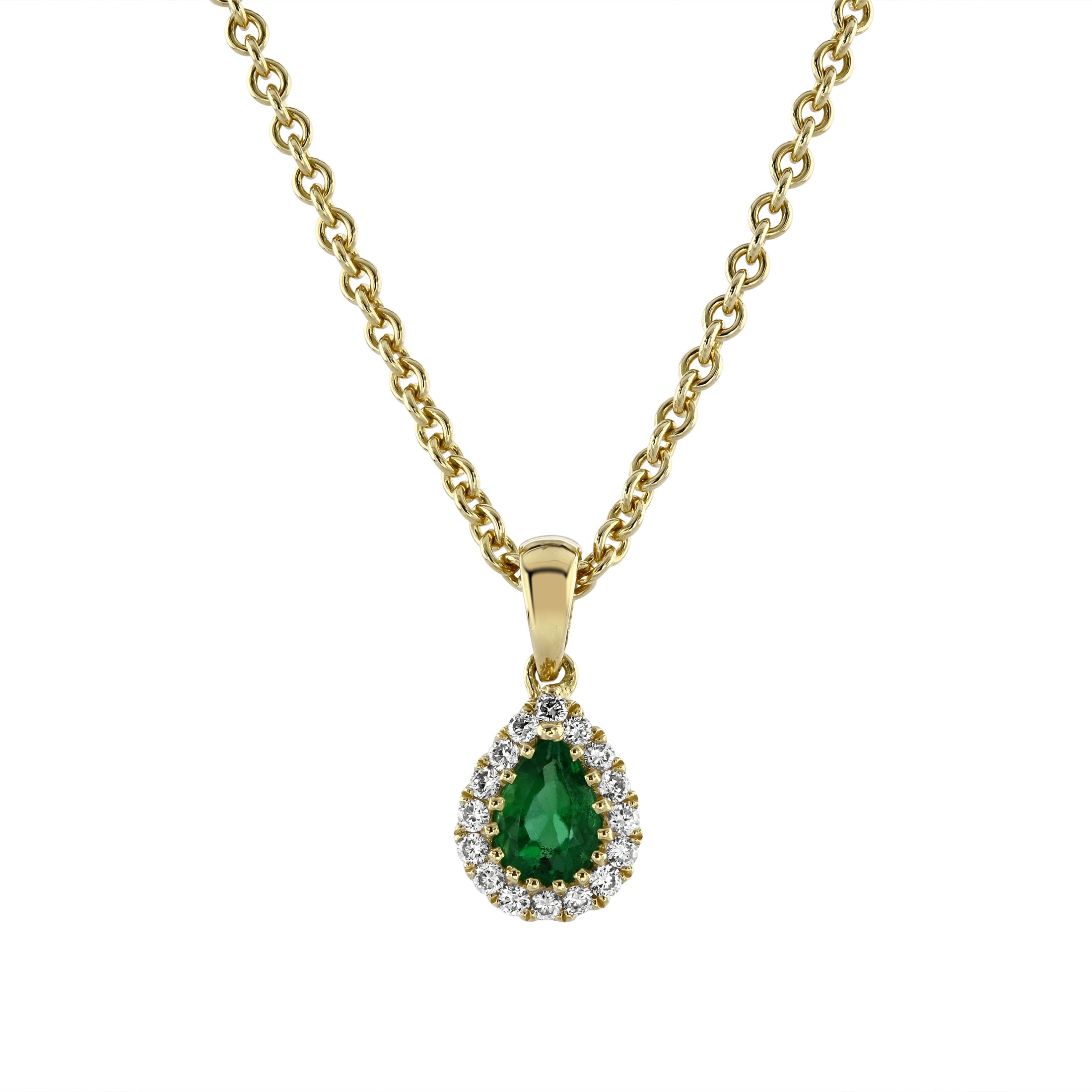 18ct Yellow Gold Pear Cut Emerald & Diamond Cluster Pendant