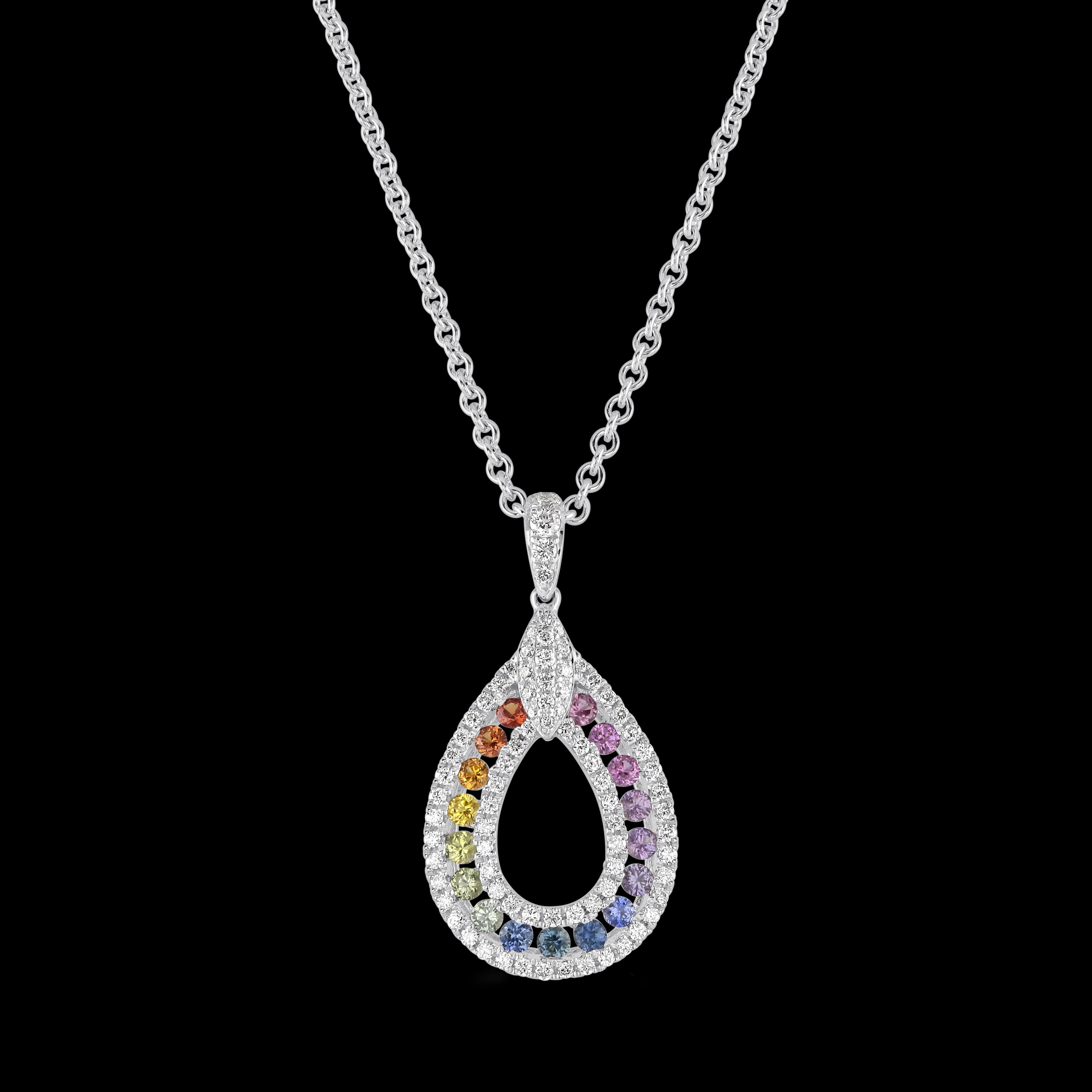 18ct White Gold Rainbow Sapphire & Diamond Teardrop Shaped Pendant
