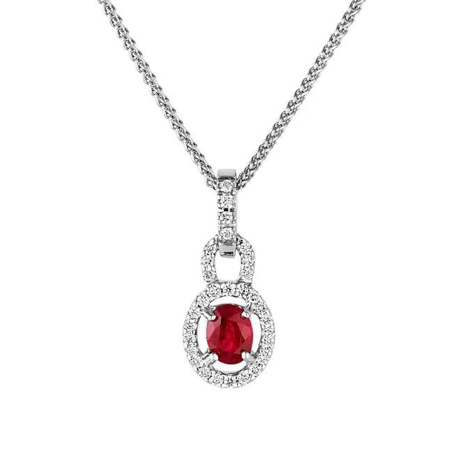 18ct White Gold Oval ruby and Diamind Pendant and chain
