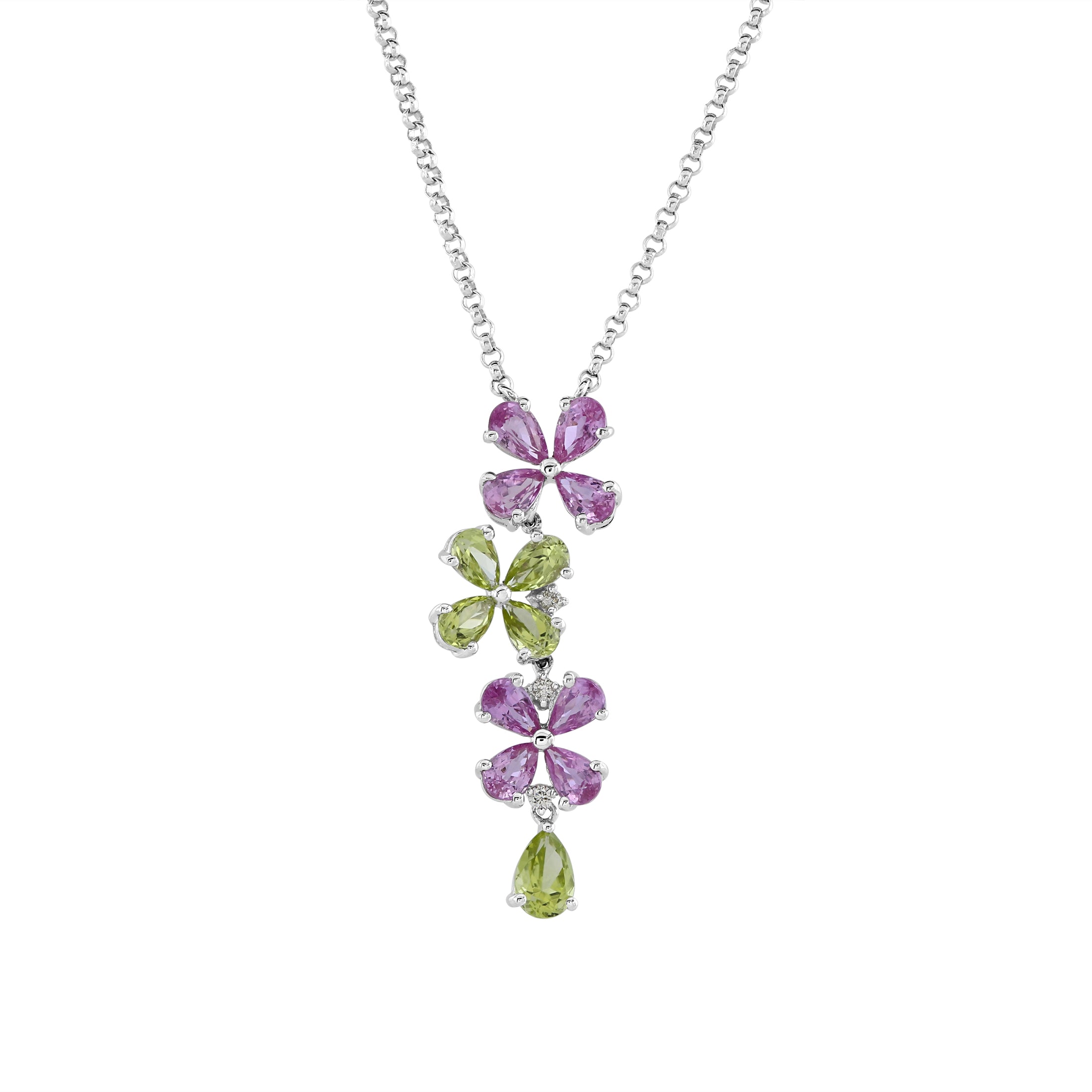 18ct White Gold Pear Cut Peridot & Pink Sapphire Flower Pendant & Chain