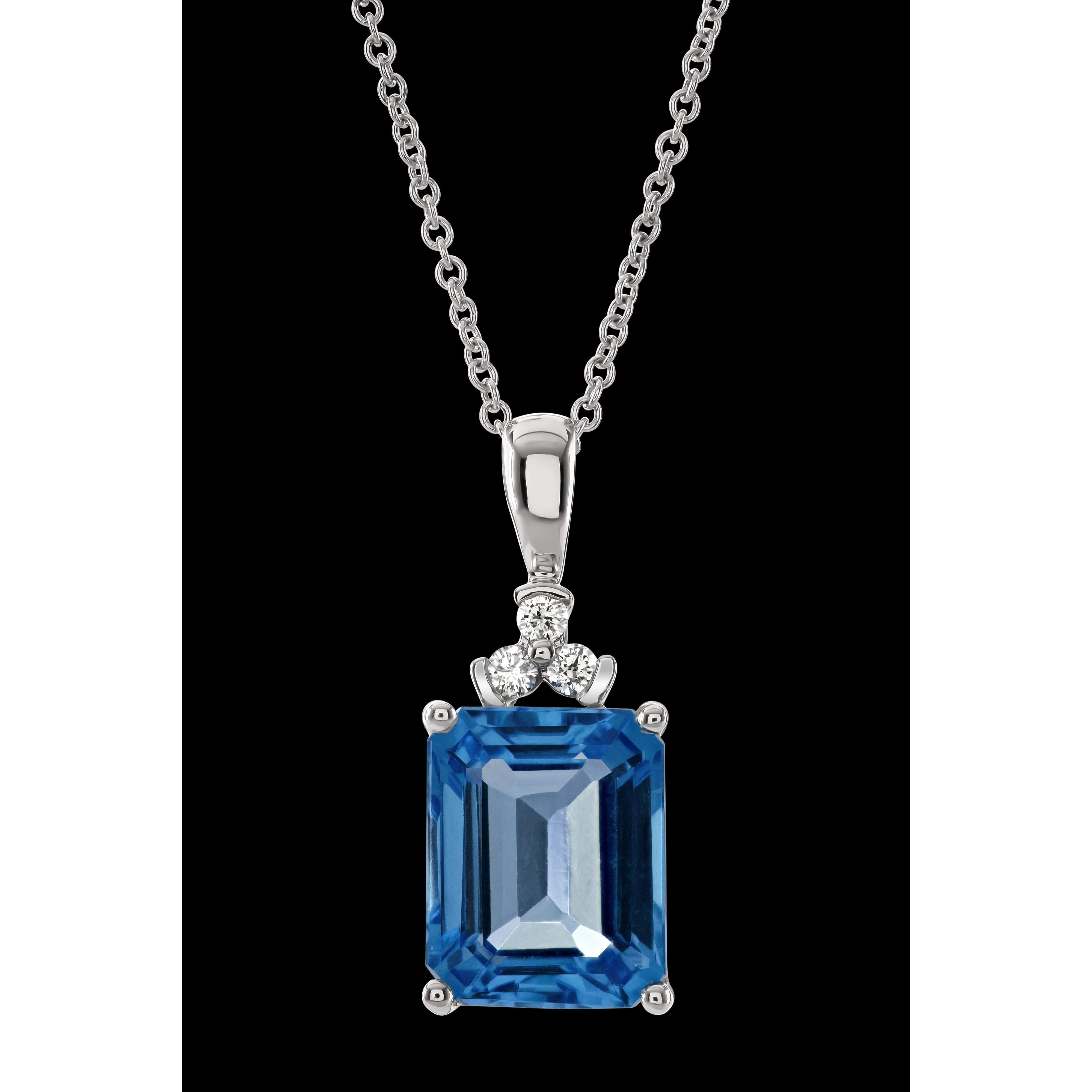 18ct White Gold Rectangular Cut Blue Topaz & Diamond Pendant & Chain