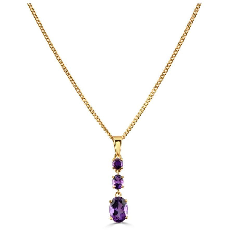 18ct Yellow Gold Claw Set Oval Cut Amethyst Triple Drop Pendant