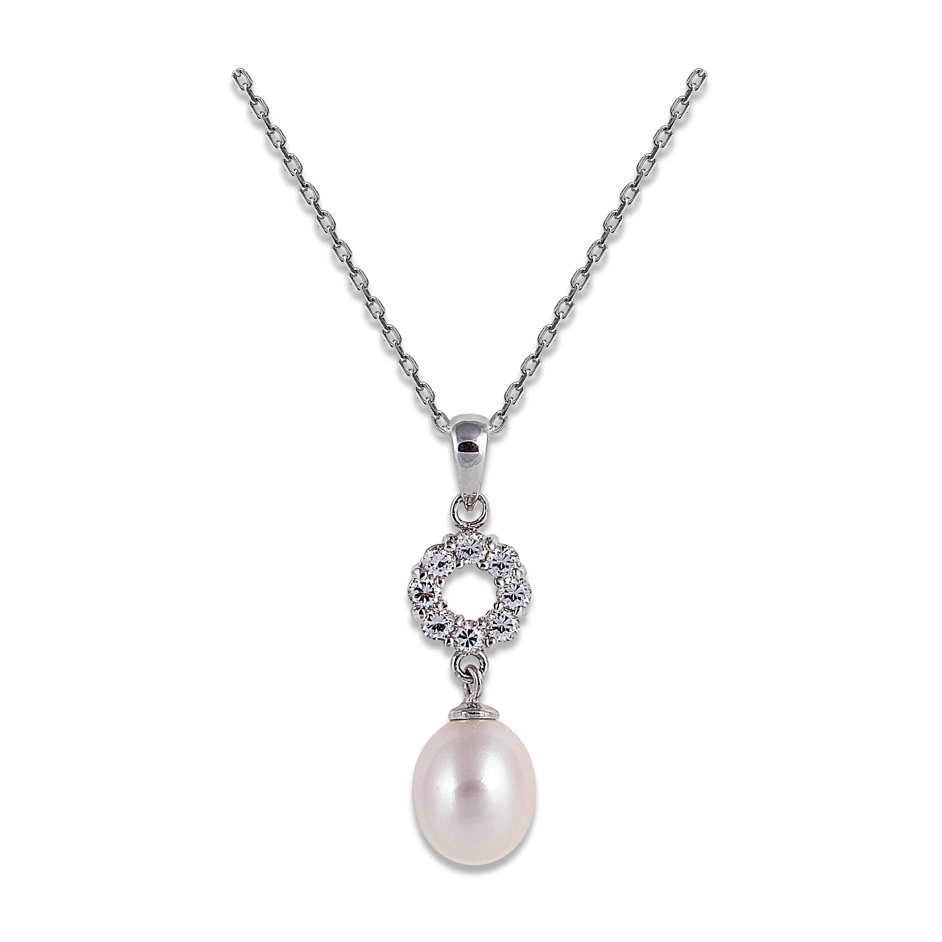 8.0-8.5mm Cultured Freshwater Pearl & Cubic Zirconia Set Pendant
