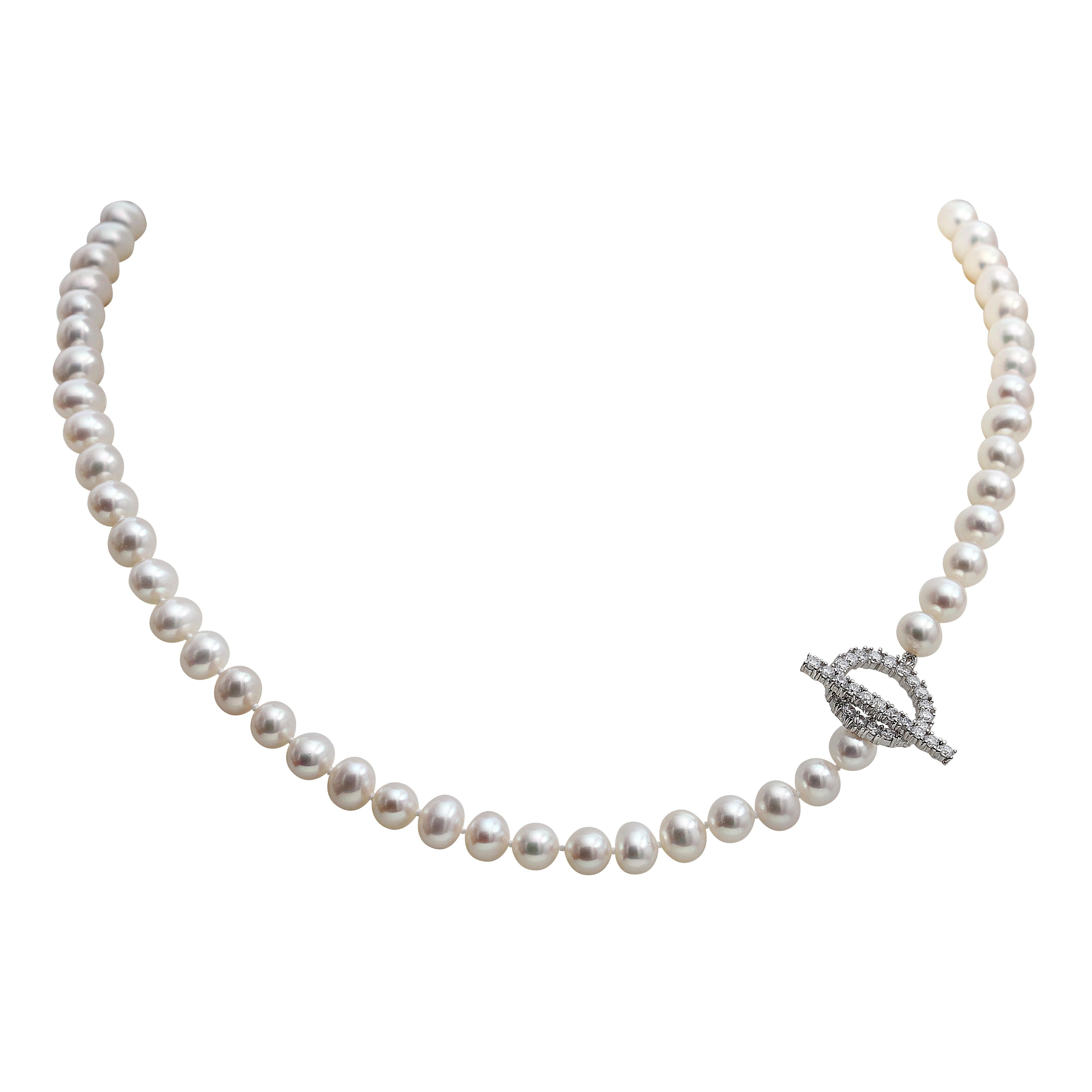 6.0-6.5mm Cultured Frestwater Pearl Necklace with Cubic Zirconia Set T-Bar Clasp