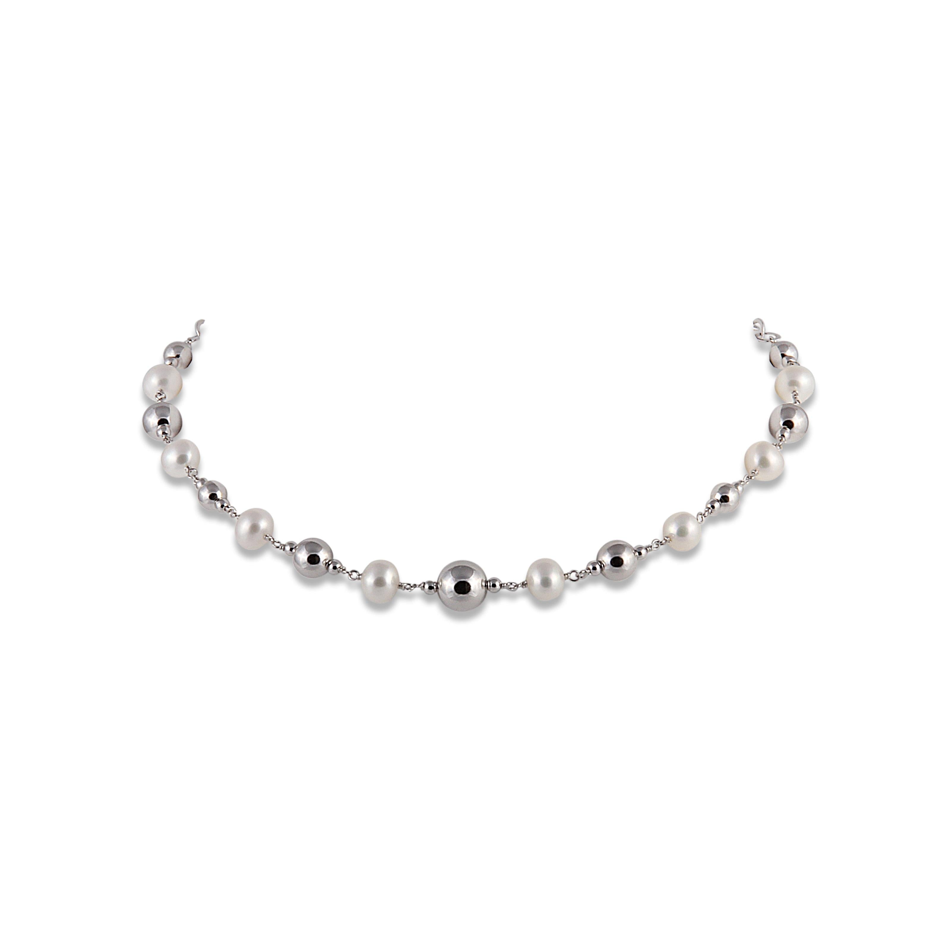 7.5mm Cultured Freshwater Pearl & Silver Ball Necklace