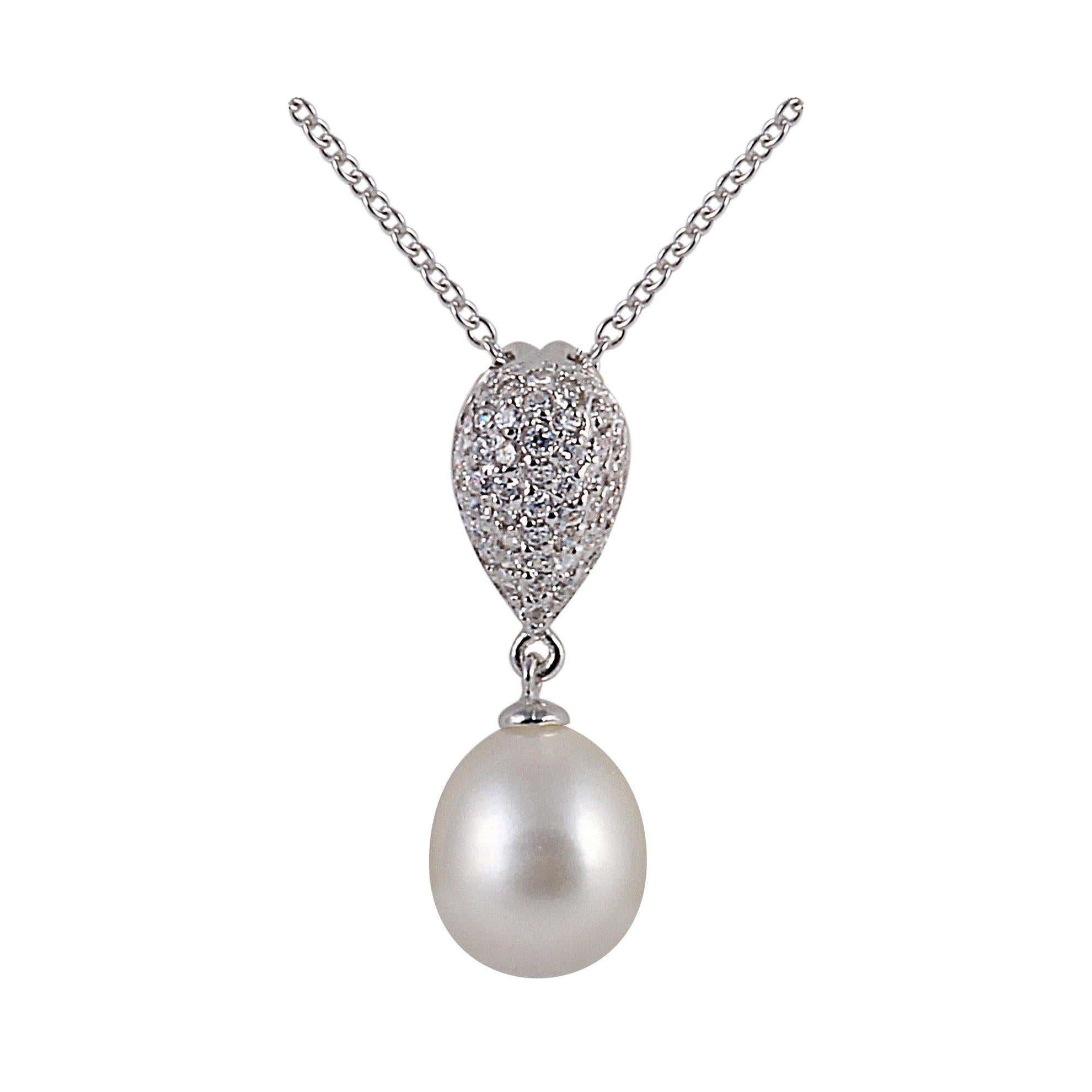 9.0mm Cultured Freshwater Pearl & Cubic Zirconia Set Drop Pendant