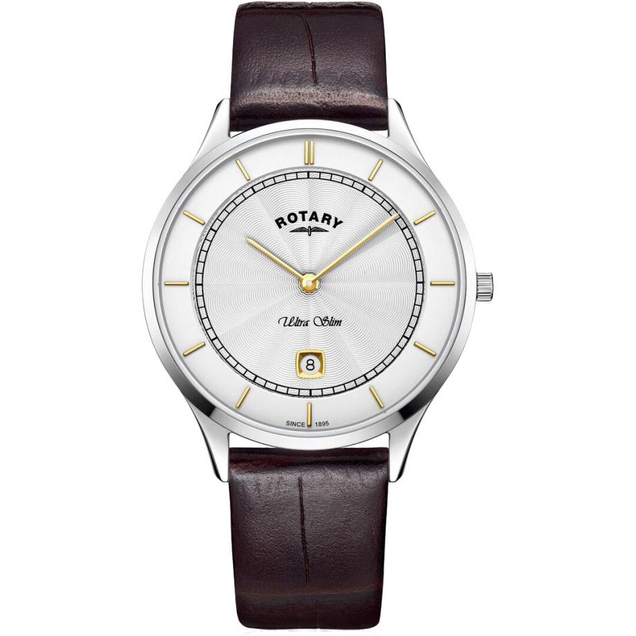 Ultra Slim stainless steel brown leather strap watch