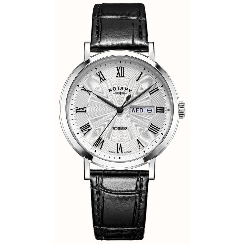 Stainless steel case silver roman numeral dial day-date black leather strap quartz watch