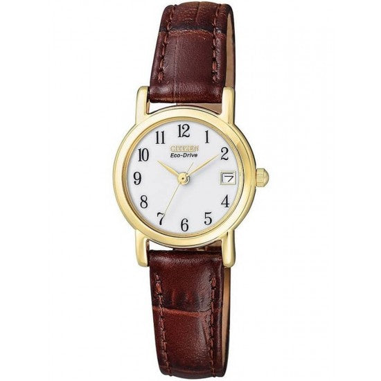 Lady's Eco-Drive yellow gold coated brown leather strap watch
