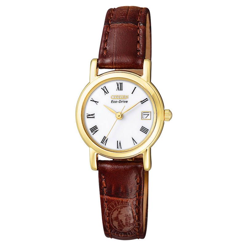 Ladies White Dial Black Leather Strap Eco-Drive Watch