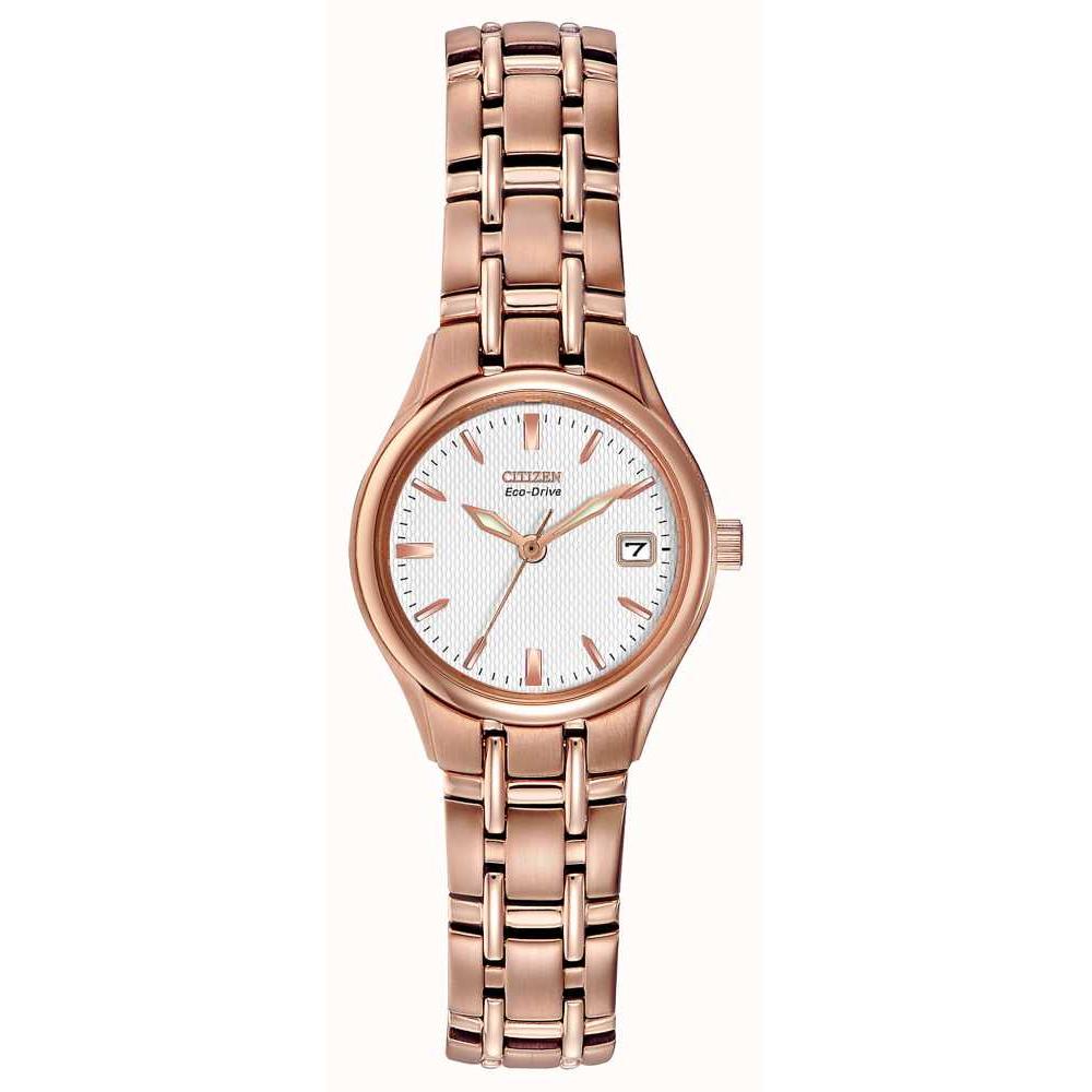 Ladys Eco-Drive white dial rose gold coated bracelet watch