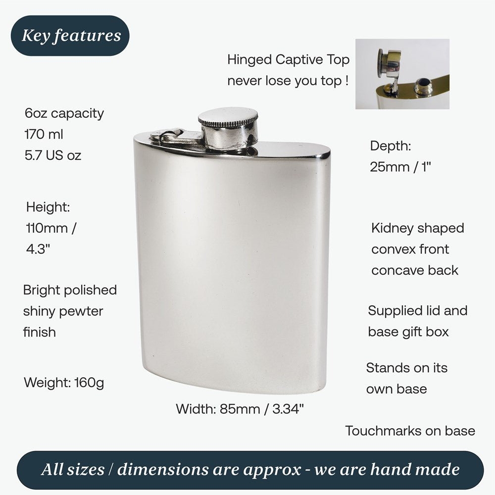 6oz Plain Pewter Kidney Hip Flask With Captive Top