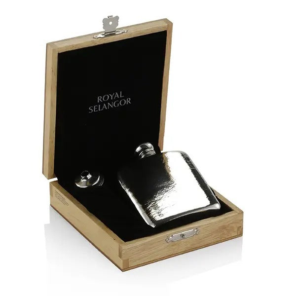 Large Pewter Hipflask in Wood Box 13cl