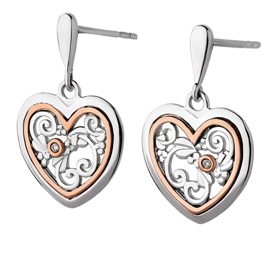 Clogau-Silver & 9ct Rose Gold Tree of Life Single Diamond Drop Earrings-Dipples Jewellers