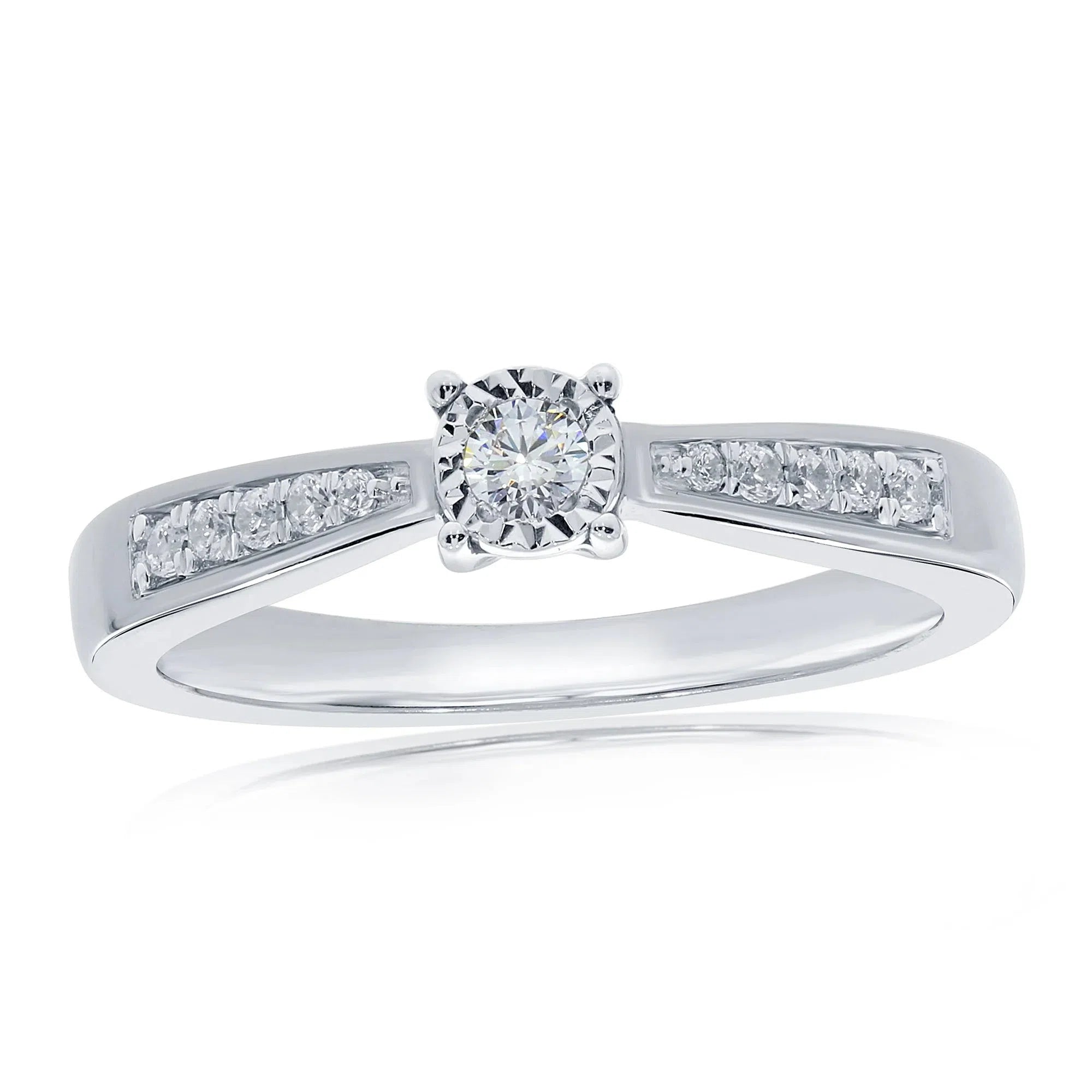 Dipples-0.10ct Illusion Set Round Brilliant Cut Diamond Solitaire 9ct White Gold Ring with Diamond Shoulders-Dipples Jewellers
