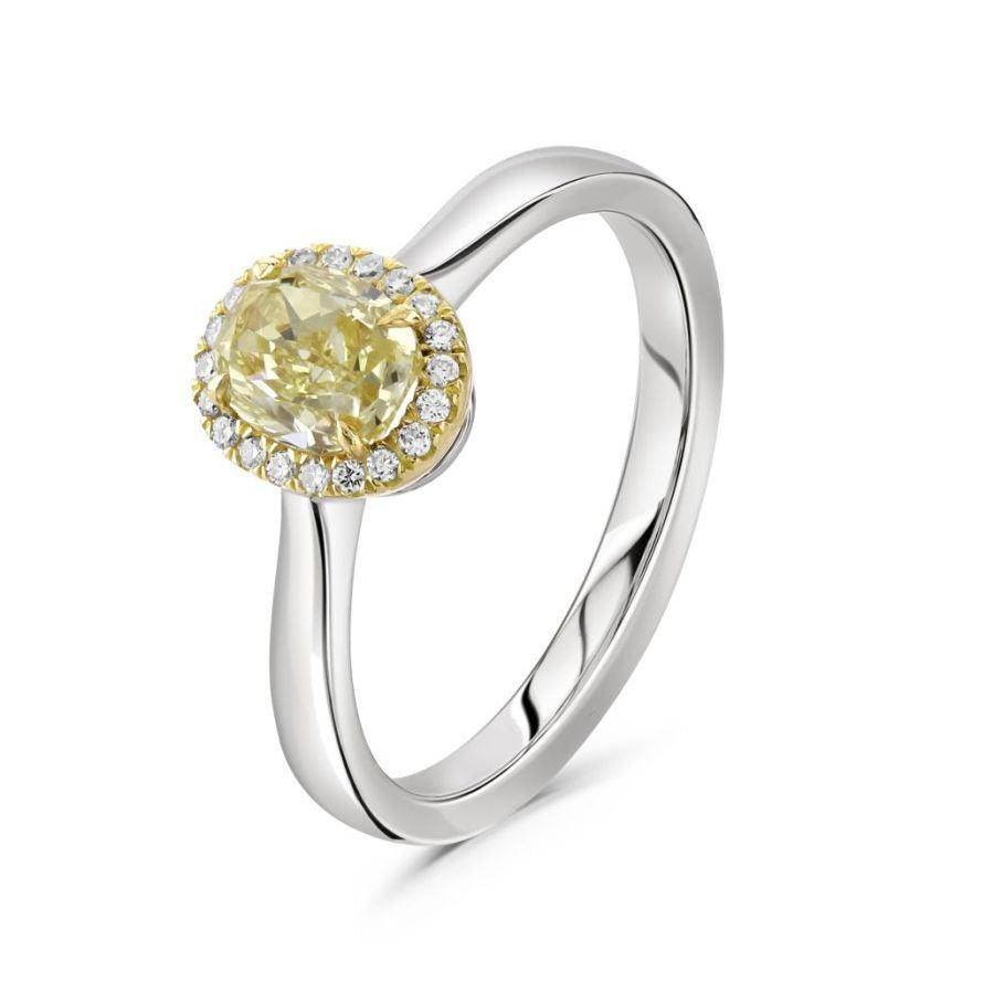 Dipples-0.91ct Oval Cut Yellow Diamond Halo Cluster Platinum & 18ct Yellow Gold Ring-Dipples Jewellers
