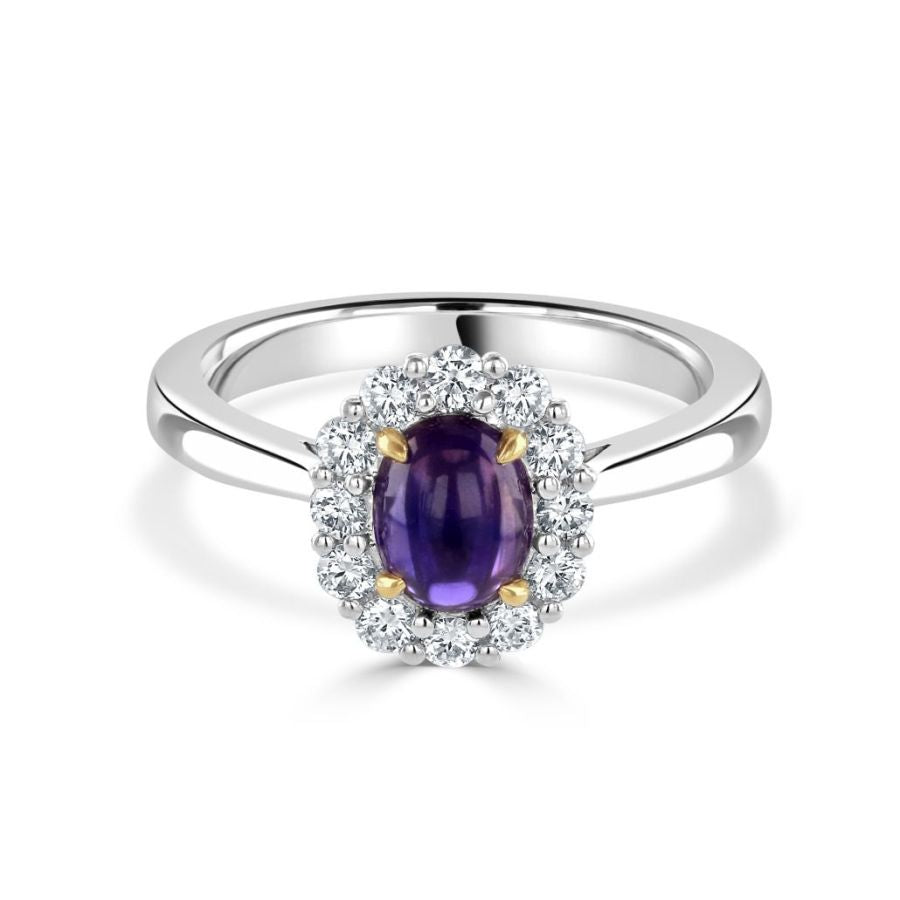 Dipples-18ct White Gold Cabochan Purple Sapphire & Diamond Halo Cluster Ring-Dipples Jewellers