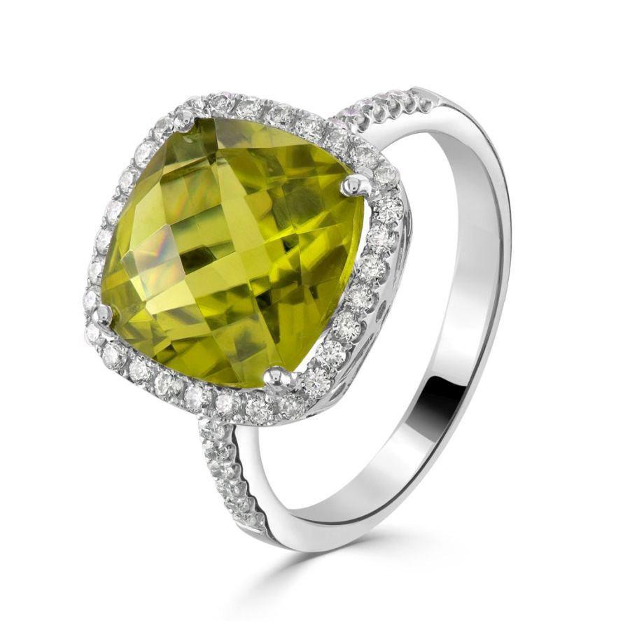 Dipples-18ct White Gold Cushion Cut Peridot & Diamond Halo Cluster Ring with Diamond Shoulders-Dipples Jewellers