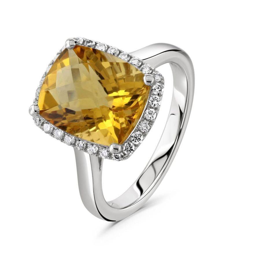 Dipples-18ct White Gold Elongated Cushion Cut Citrine & Diamond Halo Cluster Ring-Dipples Jewellers