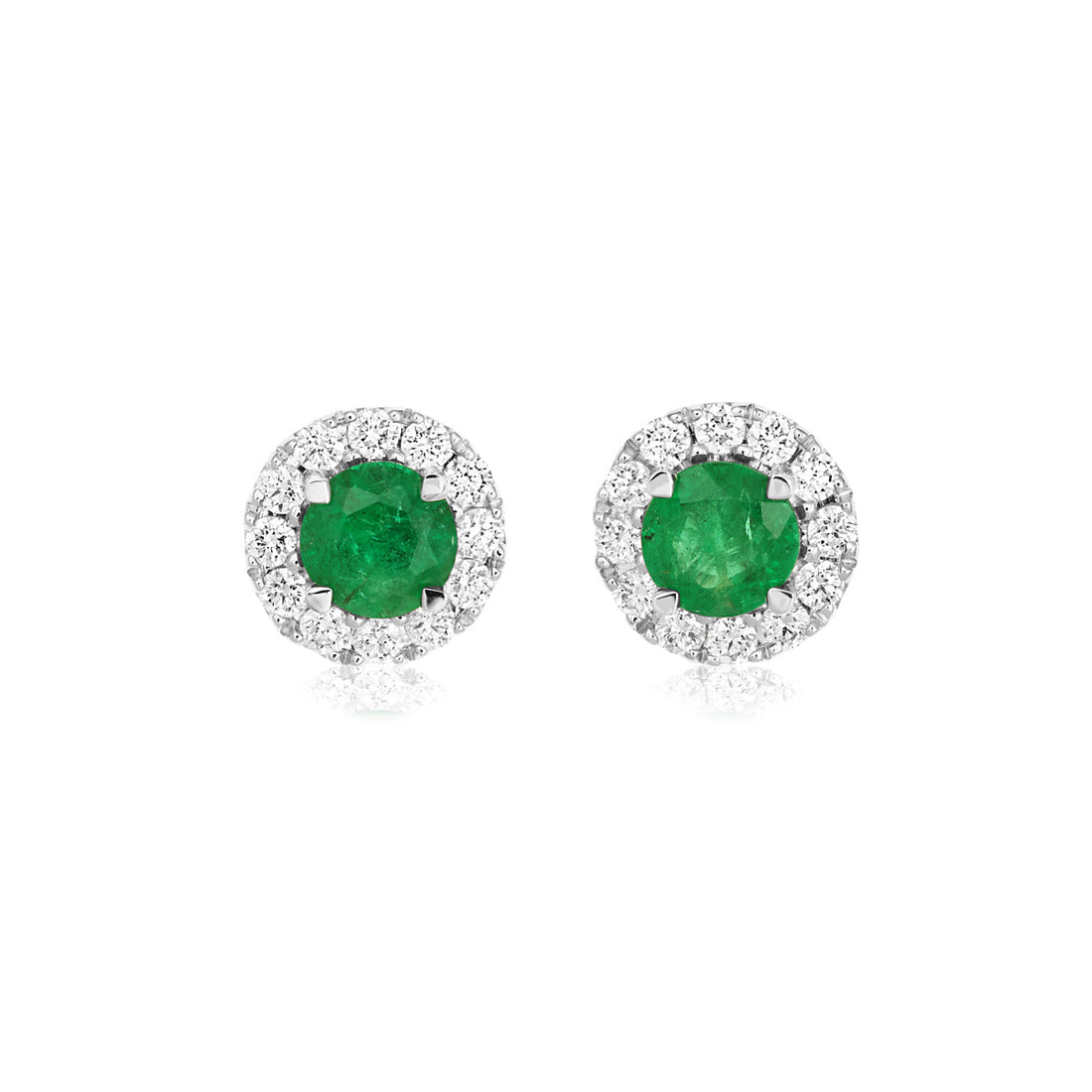 18ct white gold emerald and diamond claw set round cluster stud earrings - simple