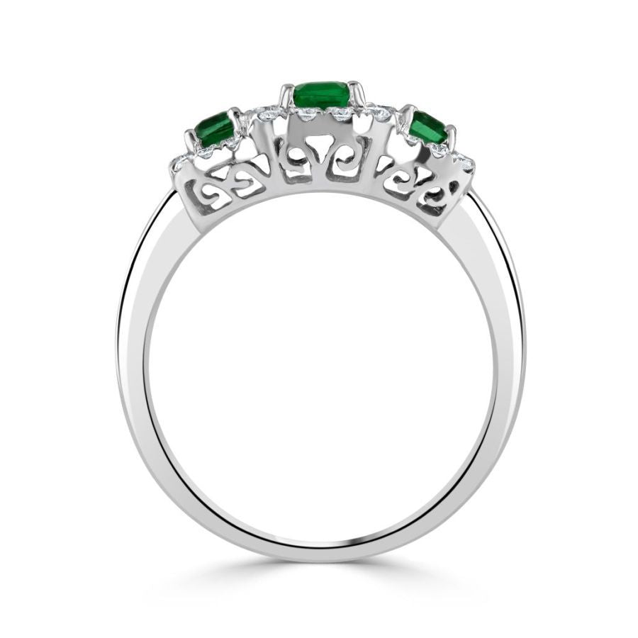 18ct white gold Emerald & Diamond triple cluster ring - simple