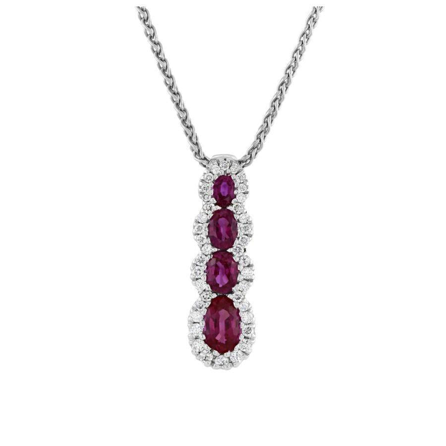 Dipples-18ct White Gold Graduated Oval Cut Ruby & Diamond Halo Cluster Pendant & Chain-Dipples Jewellers