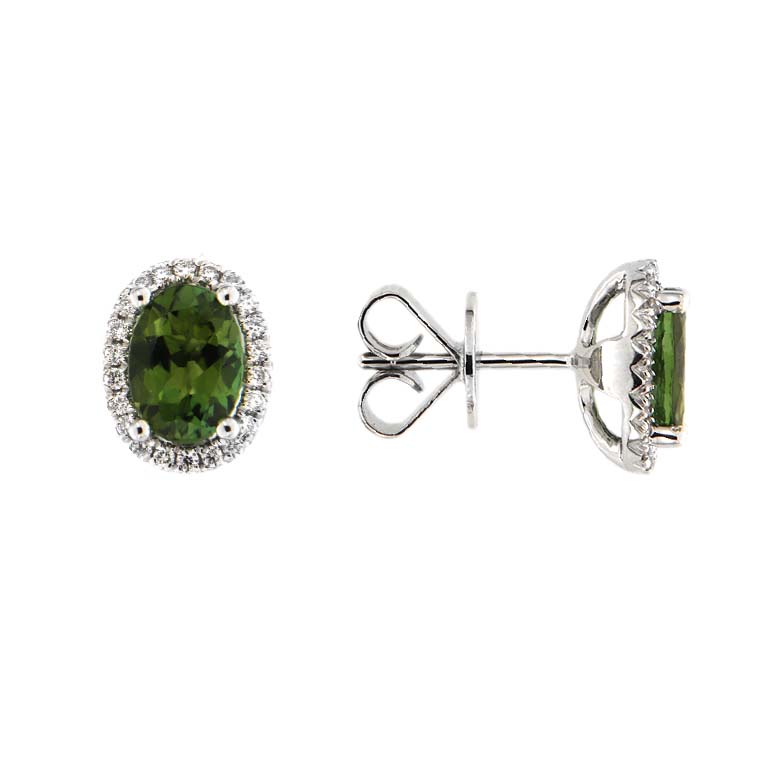 Dipples-18ct white gold green tourmaline and diamond halo cluster claw set stud earrings-Dipples Jewellers