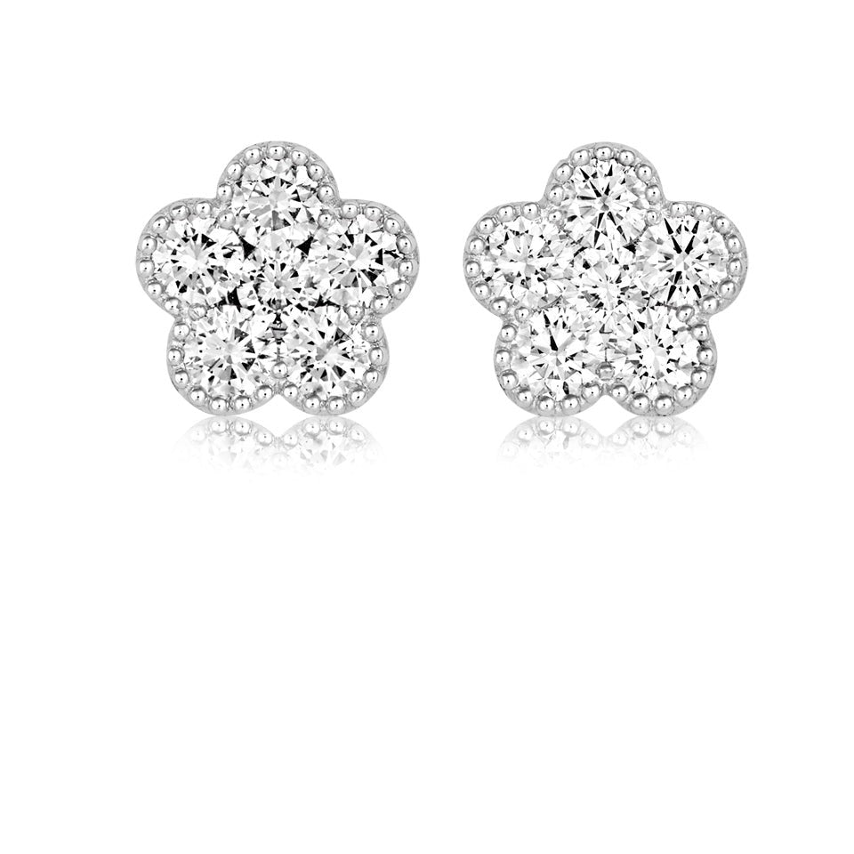 Dipples-18ct White Gold millegrain diamond cluster earrings-Dipples Jewellers