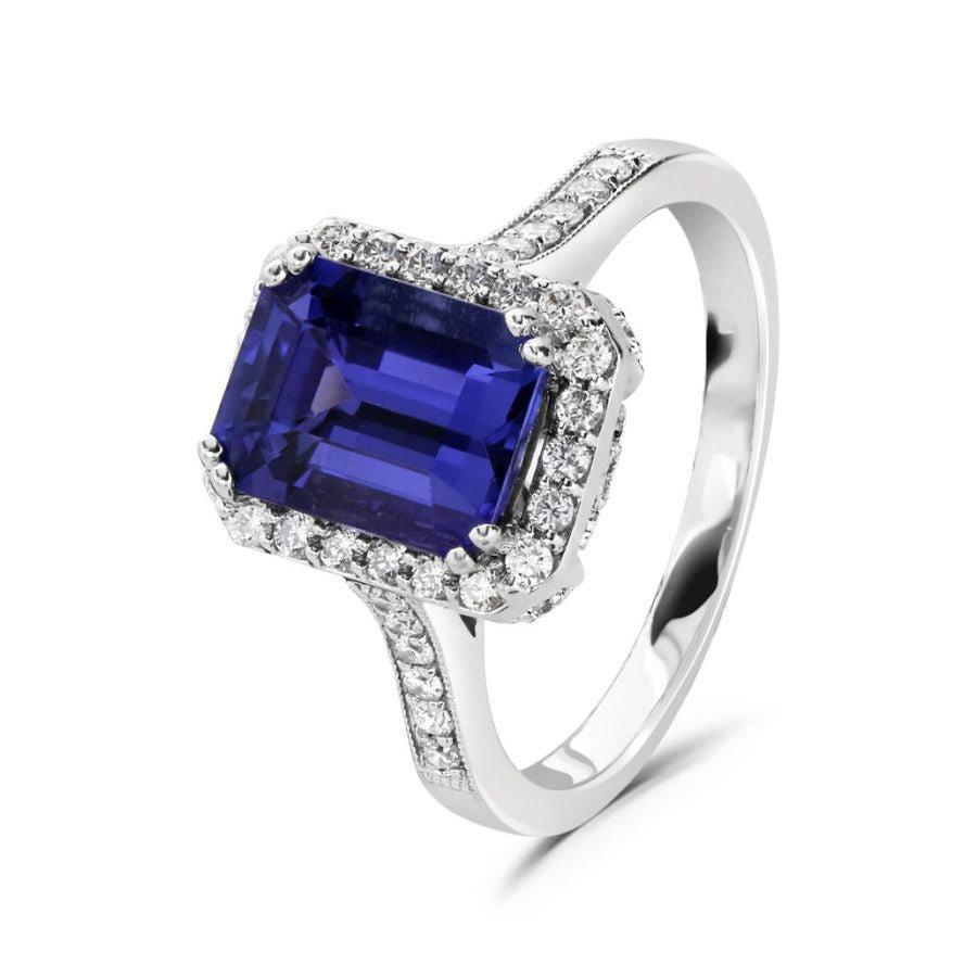 Dipples-18ct White Gold Octangonal Cut Tanzanite & Diamond Halo Cluster Ring with Diamond Shoulders-Dipples Jewellers