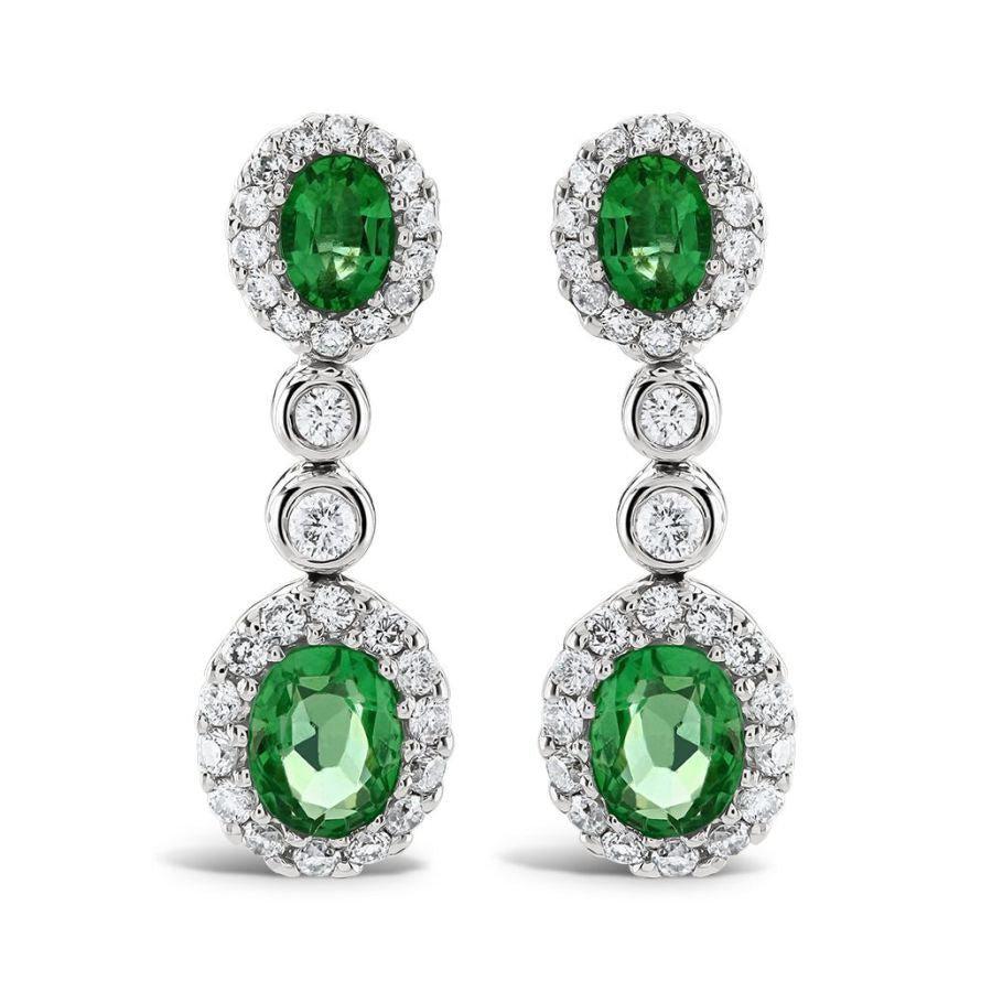 Dipples-18ct White Gold Oval Cut Emerald & Diamond Cluster Drop Earrings-Dipples Jewellers