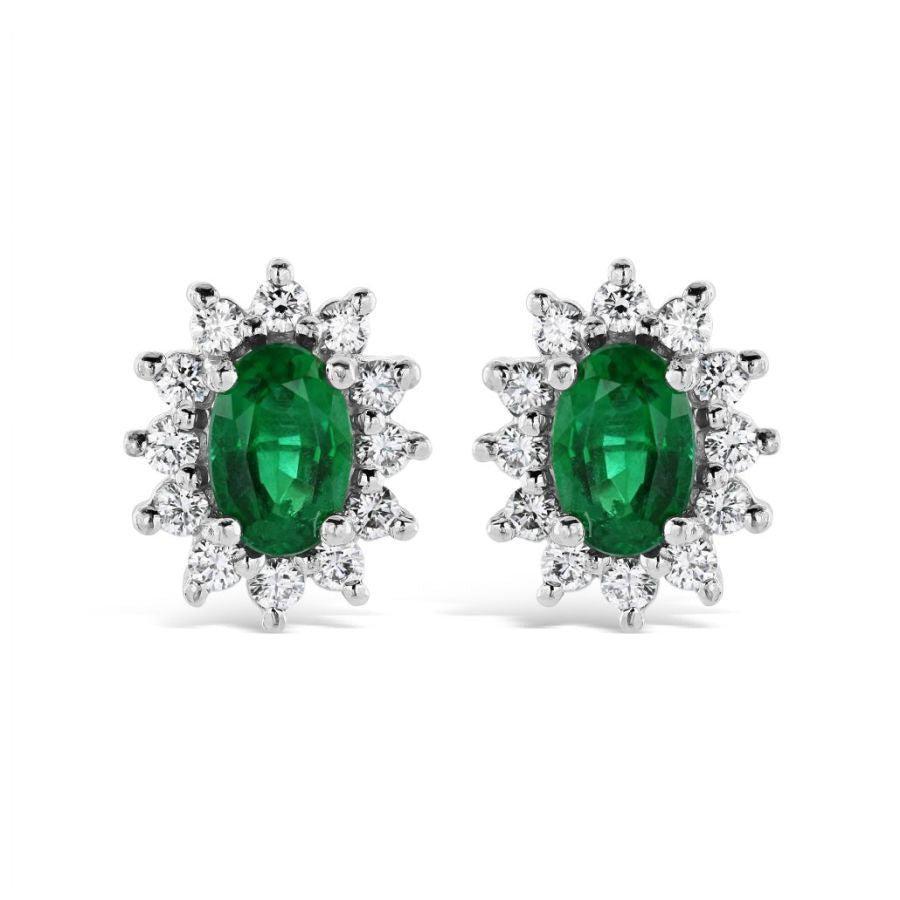 Dipples-18ct White Gold Oval Cut Emerald & Diamond Cluster Stud Earrings-Dipples Jewellers