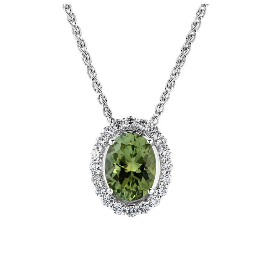 Dipples-18ct White Gold Oval Cut Mint Tourmaline & Diamond Halo Cluster Pendant & Chain-Dipples Jewellers