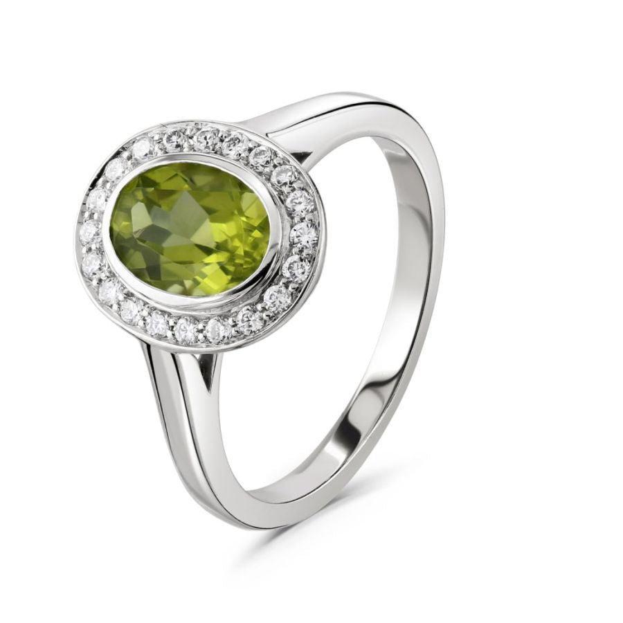 Dipples-18ct White Gold Oval Cut Peridot & Diamond Halo Cluster Ring-Dipples Jewellers
