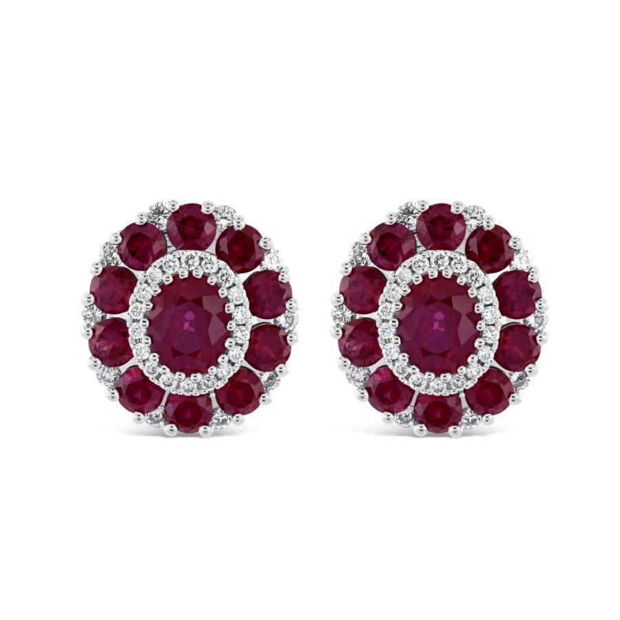 Dipples-18ct White Gold Oval Cut Ruby & Diamond Cluster Stud Earrings-Dipples Jewellers