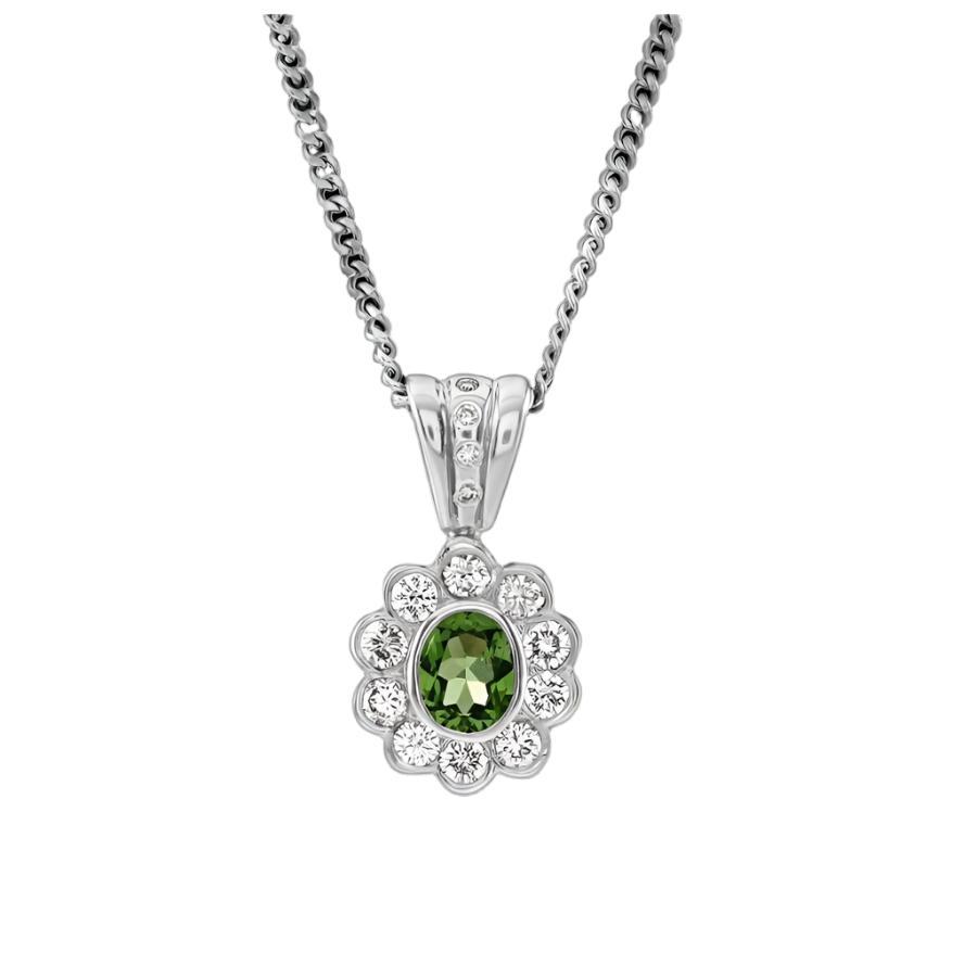 Dipples-18ct White Gold Oval Cut Tsavorite & Diamond Cluster Pendant & Chain-Dipples Jewellers