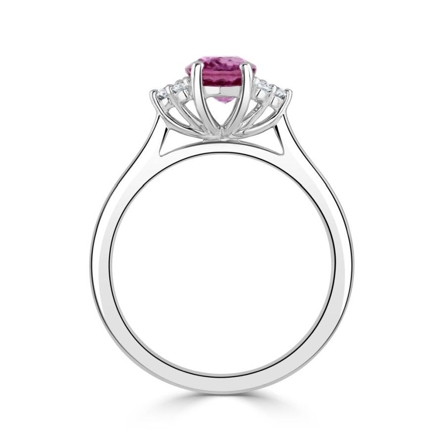 Dipples-18ct white gold oval pink sapphire and diamond trefoil sides ring all claw set-Dipples Jewellers