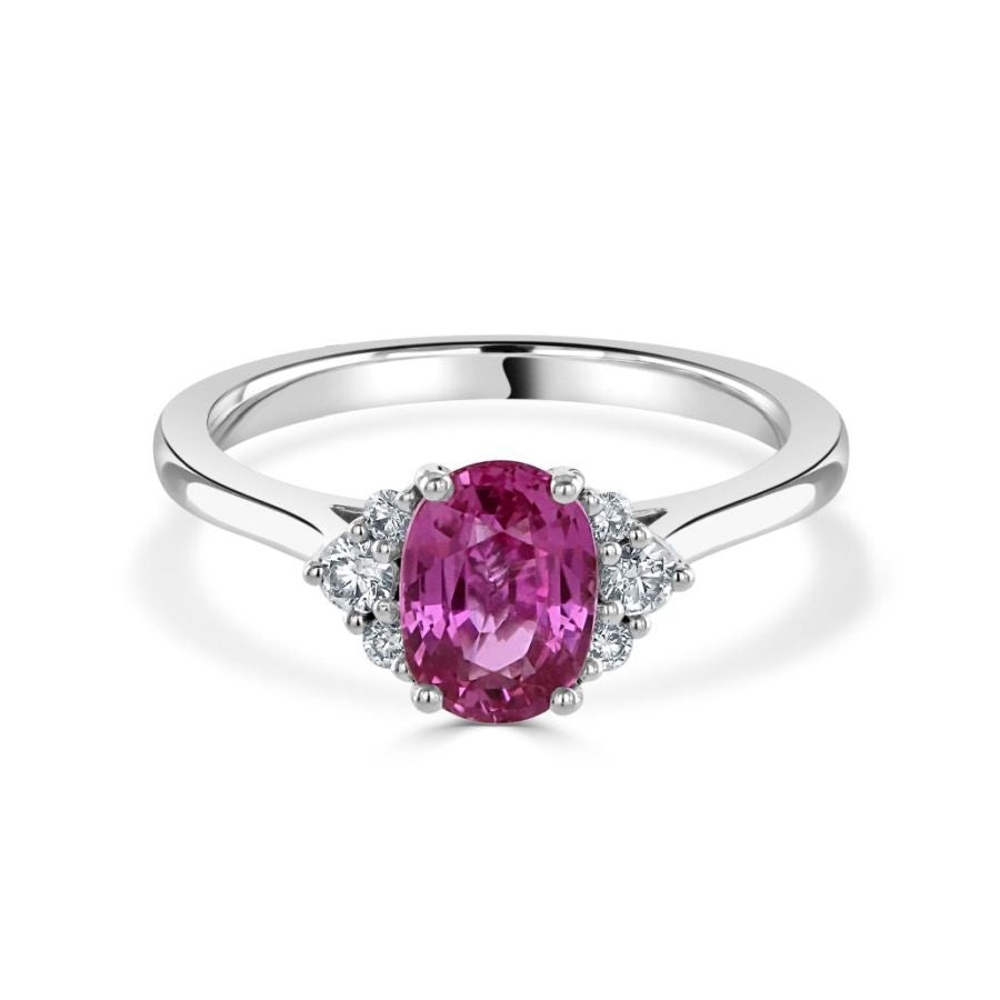 Dipples-18ct white gold oval pink sapphire and diamond trefoil sides ring all claw set-Dipples Jewellers