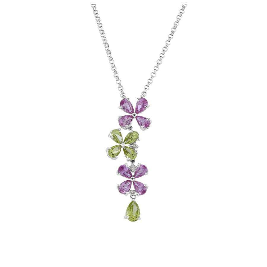 Dipples-18ct White Gold Pear Cut Peridot & Pink Sapphire Flower Pendant & Chain-Dipples Jewellers