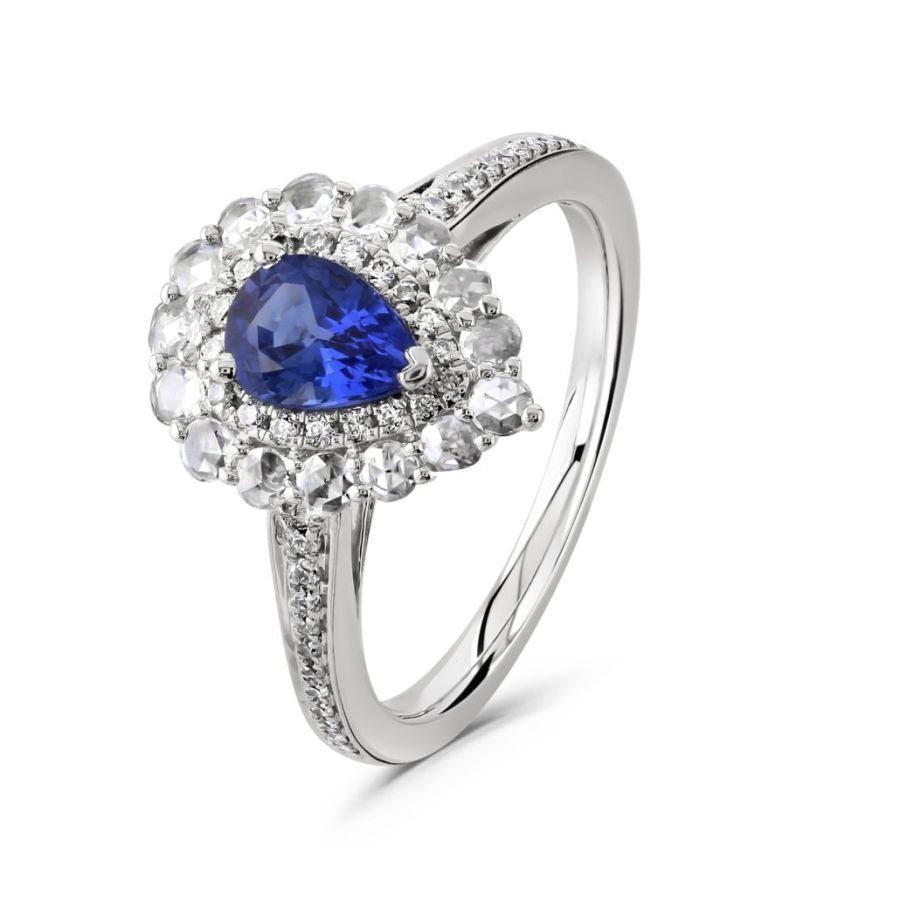 Dipples-18ct White Gold Pear Cut Sapphire & Diamond Double Halo Cluster Ring with Diamond Shoulders-Dipples Jewellers