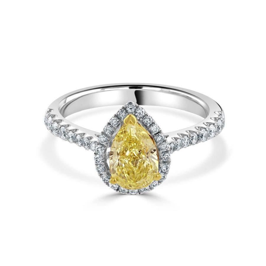 Dipples-18ct White Gold Pear Cut Yellow Diamond Halo Cluster Ring with Diamond Shoulders-Dipples Jewellers
