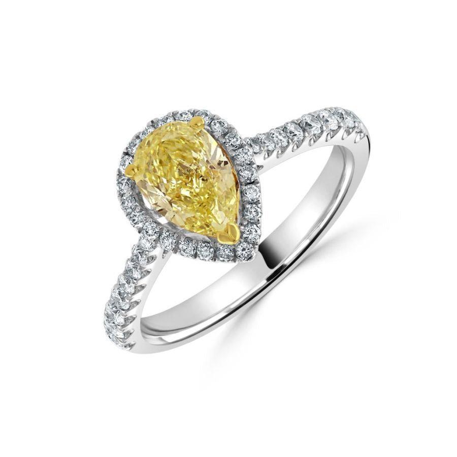 Dipples-18ct White Gold Pear Cut Yellow Diamond Halo Cluster Ring with Diamond Shoulders-Dipples Jewellers