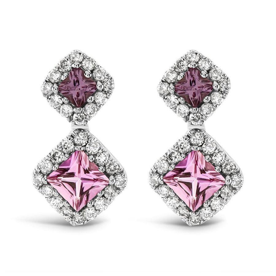 Dipples-18ct White Gold Pink Sapphire & Diamond Cluster Drop Earrings-Dipples Jewellers