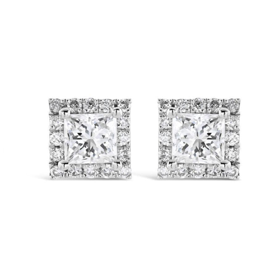 Dipples-18ct White Gold Princess Cut Diamond Halo Cluster Stud Earrings-Dipples Jewellers