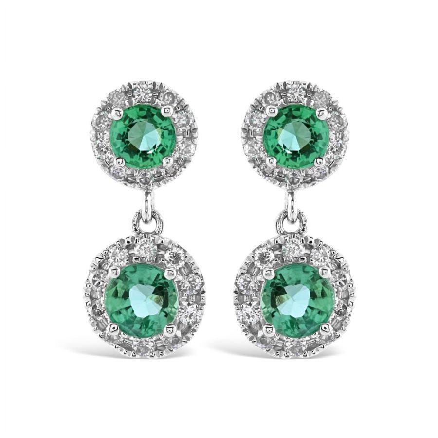 Dipples-18ct White Gold Round Cut Emerald & Diamond Cluster Drop Earrings-Dipples Jewellers